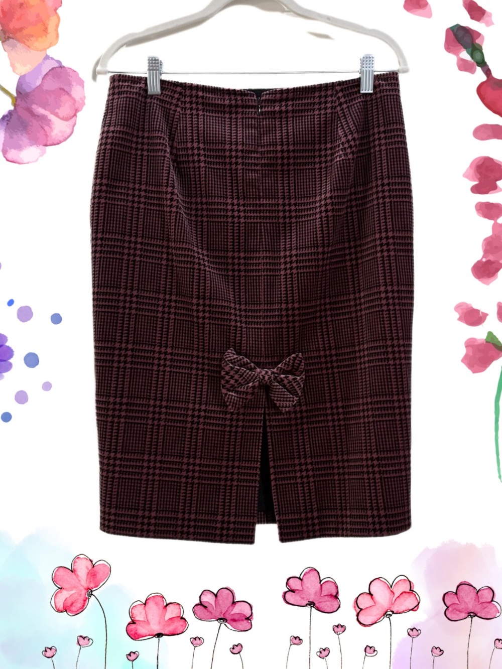 🎀Betsey Johnson Pink & Black Plaid Pencil Skirt with Bow. Like New.